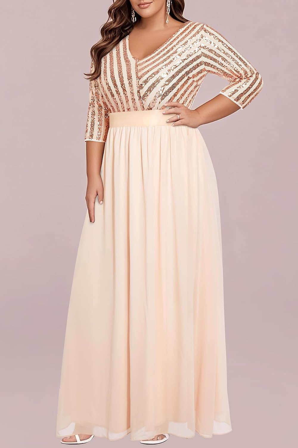 Womens Plus Size Formal Dresses – V Neck 3/4 Sleeve Sequin Prom Evening Gowns Long Maxi Dres(Rose Gold)