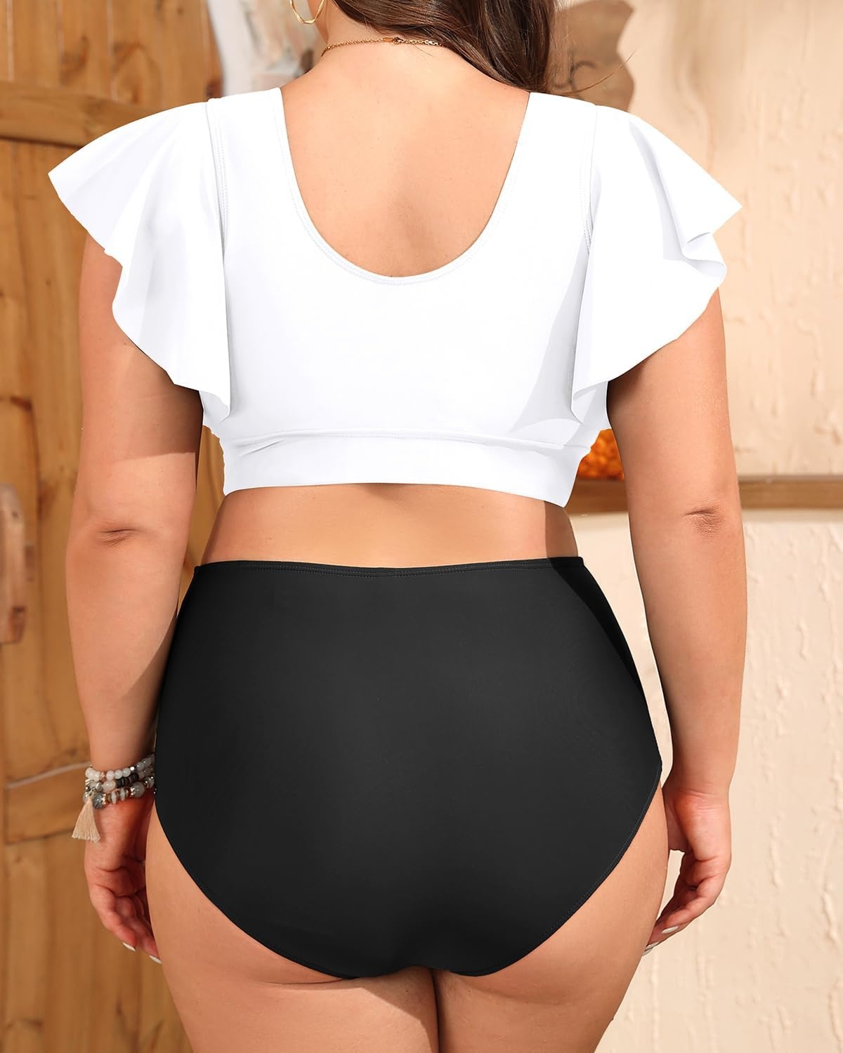 Plus Size Bikini Two Piece Swimsuit – Women High Waisted Tummy Control Bathing Suit with Sleeve Swimwear 2025(White and Black)