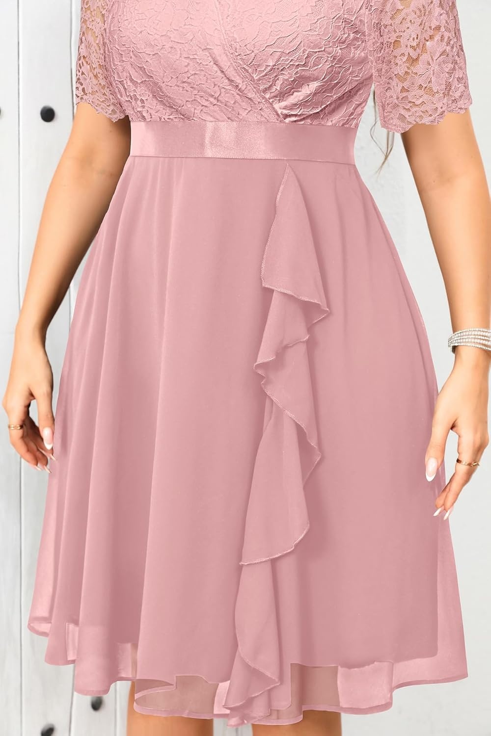 Talisea Plus Size Wedding Guest Dress – Formal Cocktail Party Ruffle Elegant Tea Length Lace Chiffon V Neck Midi Dresses(Dusty Rose)