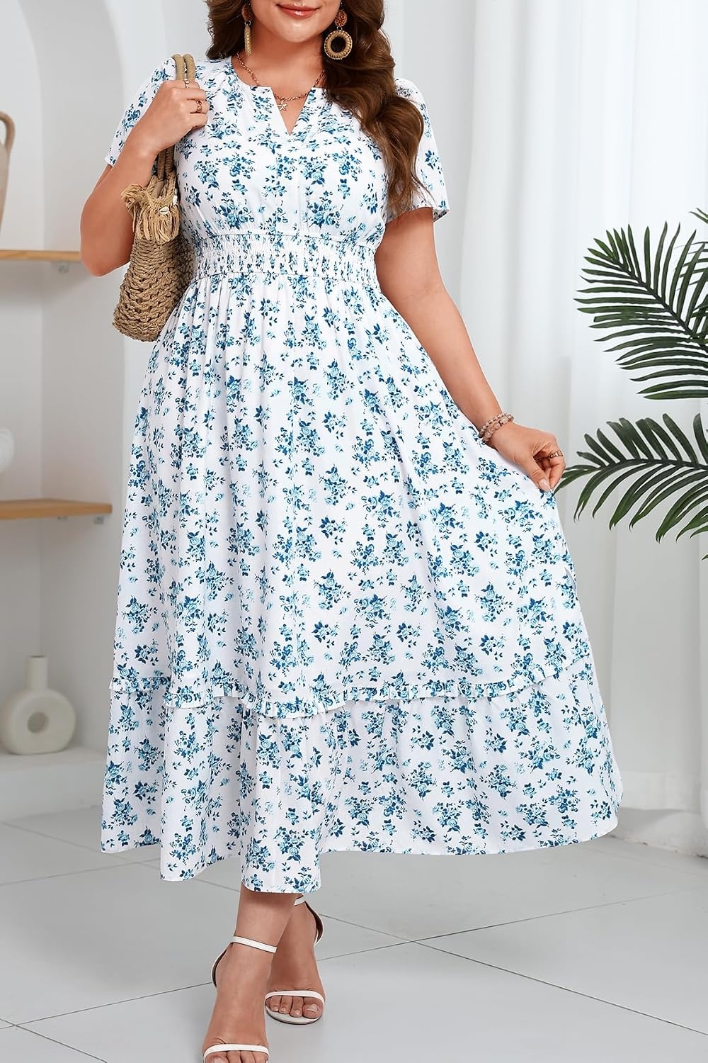 Talisea Plus Size Summer Dresses – Casual Boho Cotton Long Maxi Dress Women | Flow Plus Size Summer Maxi Dress Casual Long Dresses Curvy Women Boho Short Sleeve Dress Slit Fall Long Sleeve A-Line Dress(Blue White Floral)