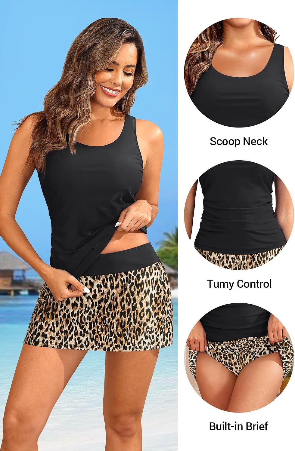 Talisea Tankini Bathing Suits with Skirt – Womens Two Piece Swimsuits with Pockets Tummy Control Modest Swimwear 2026(Black Leopard)