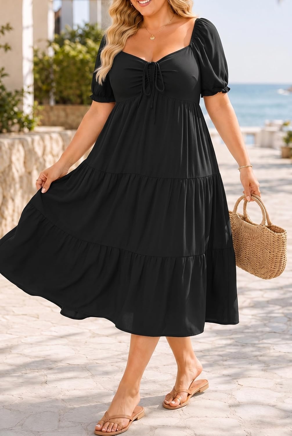 Talisea Plus Size Summer Dress – Casual A-line Flowy Midi Dress for Women(Black)