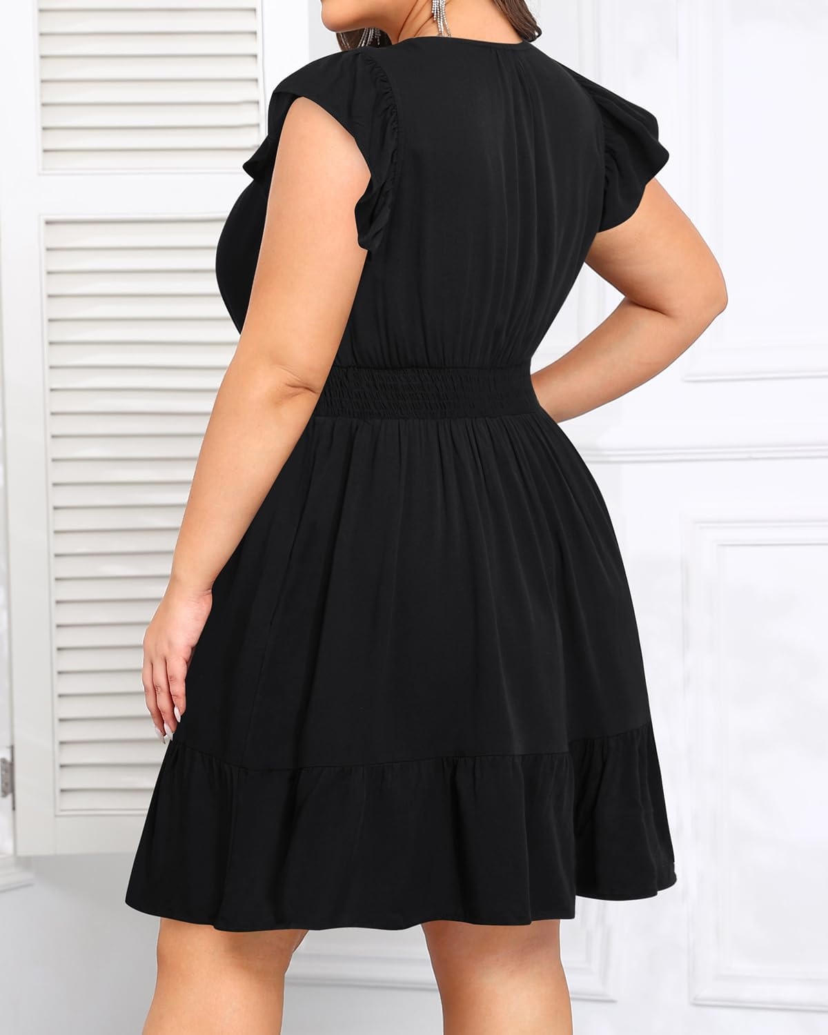 Talisea Womens Plus Size Summer Dress – Casual Beach Floral Print V Neck Ruffle Sleeve Flowy Short Sundress with Pockets(Black)