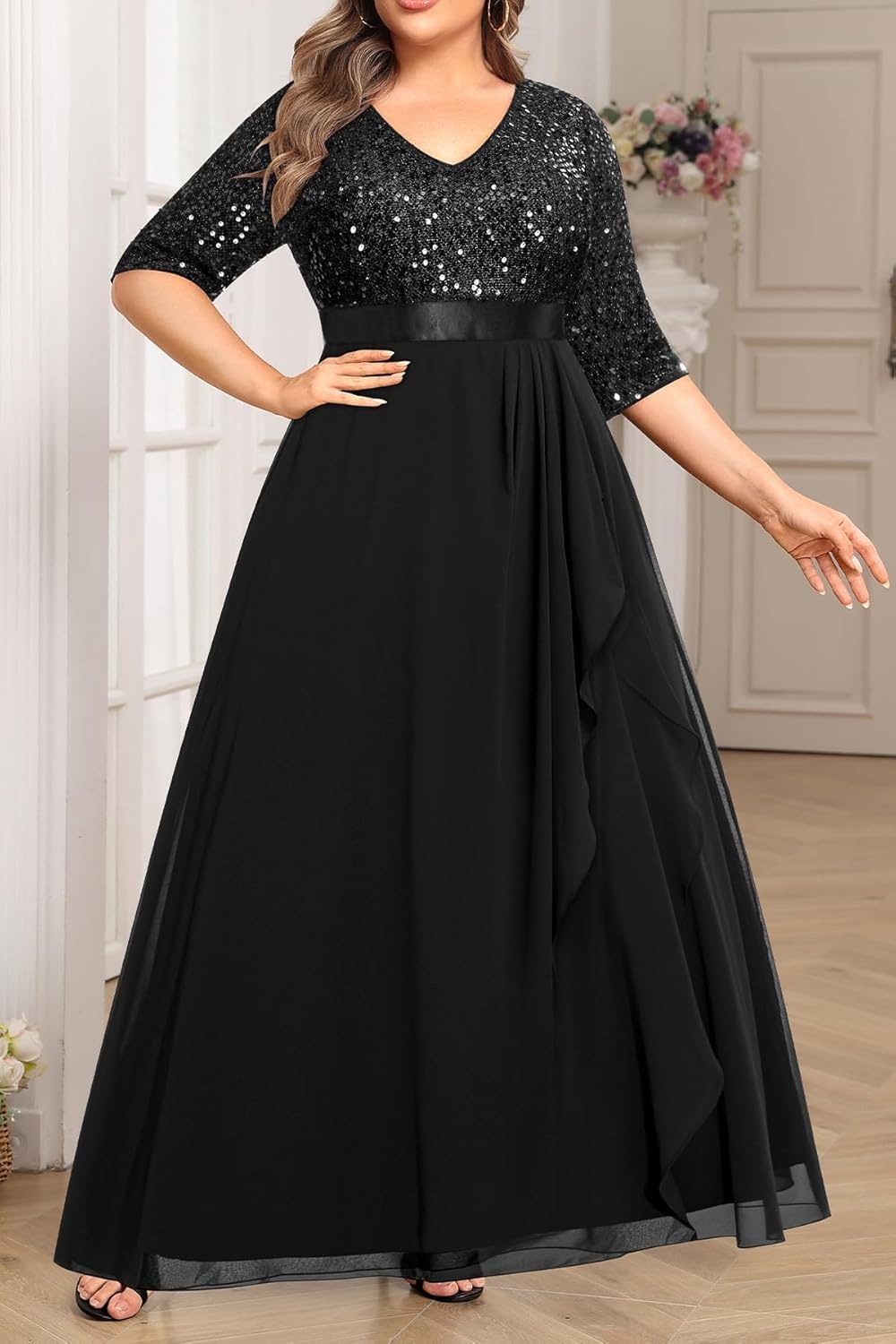 Talisea Plus Size Formal Dresses – V Neck 3/4 Sleeves Sequin Evening Gowns Prom Gala Wedding Guest Chiffon Long Maxi Dress(Black)