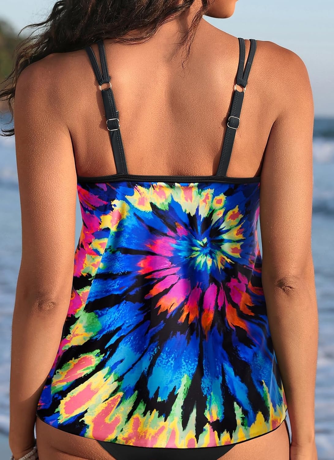 Womens Flowy Tankini Tops Only – Modest Bathing Suit Swim Tops No Bottom | Flowy design provides a relaxed fit. Adjustable straps offers a customizable fit. Removable Pads and fully lined for comfort(Colorful Tie Dye)
