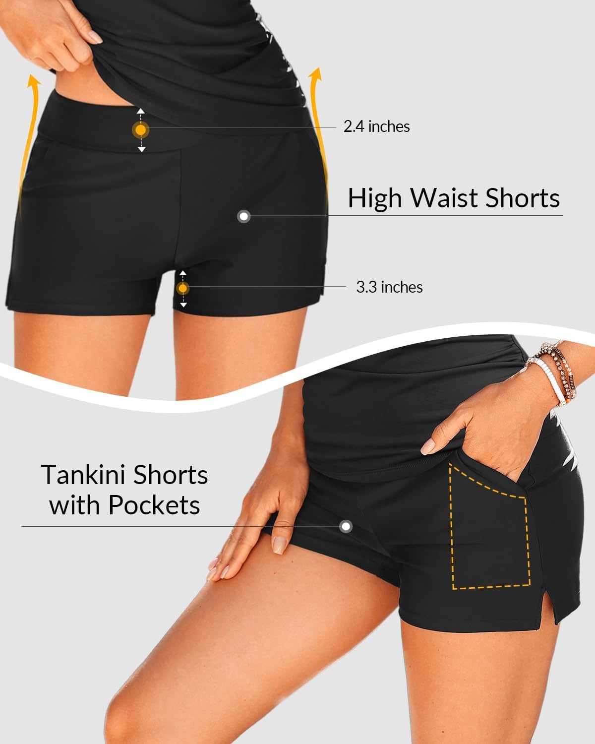 Tankini with Shorts – Tummy Control Two Piece Swimsuit with Pockets | Tummy control smooths your silhouette. Side pockets keep essentials handy. High-waist boy shorts provide full coverage.(Black)