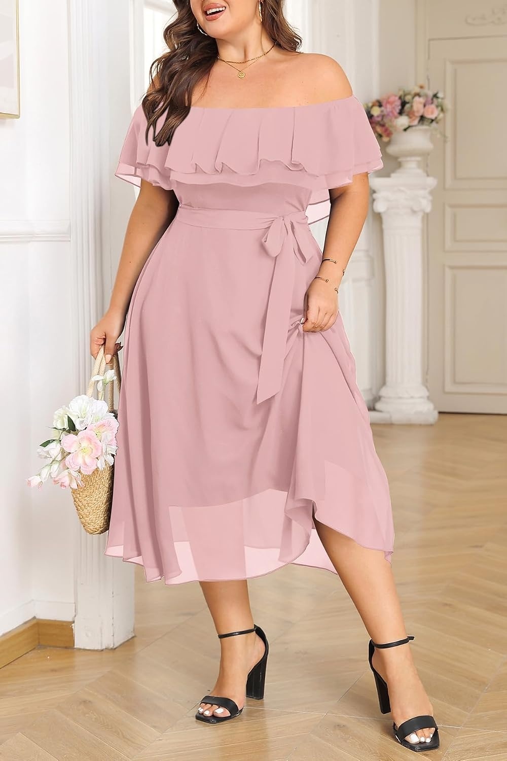 Plus Size Dresses Wedding Guest Off the Shoulder Chiffon A-Line Midi Dress | Plus Size Cocktail Wedding Guest Dresses Women Chiffon Off the Shoulder Midi Dress Elegant Semi Formal A-Line Dress with Belt(Pink)
