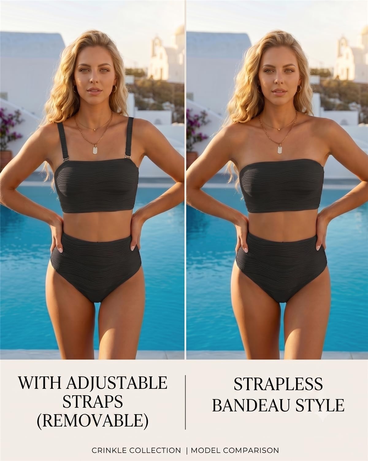 High Waisted Bandeau Bikini Set – Women Strapless Two Piece Swimsuits Ribbed Longline Full Coverage Bathing Suits Swimwear(Black)
