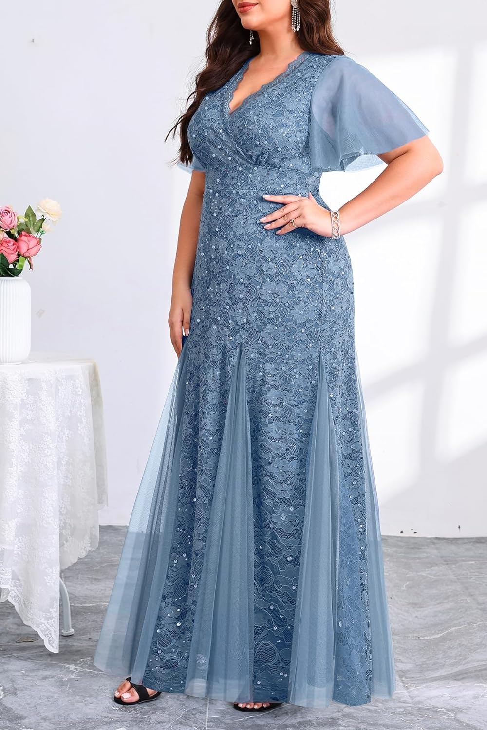 Plus Size Formal Dress – Evening Gowns Wedding Guest Mother of The Bride Sequin Lace Mermaid Tulle Hem Prom Long Dress(Blue)
