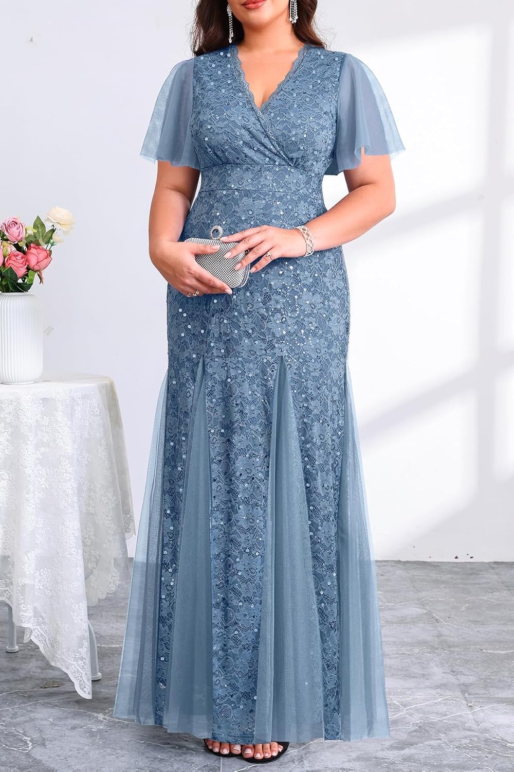 Plus Size Formal Dress – Evening Gowns Wedding Guest Mother of The Bride Sequin Lace Mermaid Tulle Hem Prom Long Dress(Blue)
