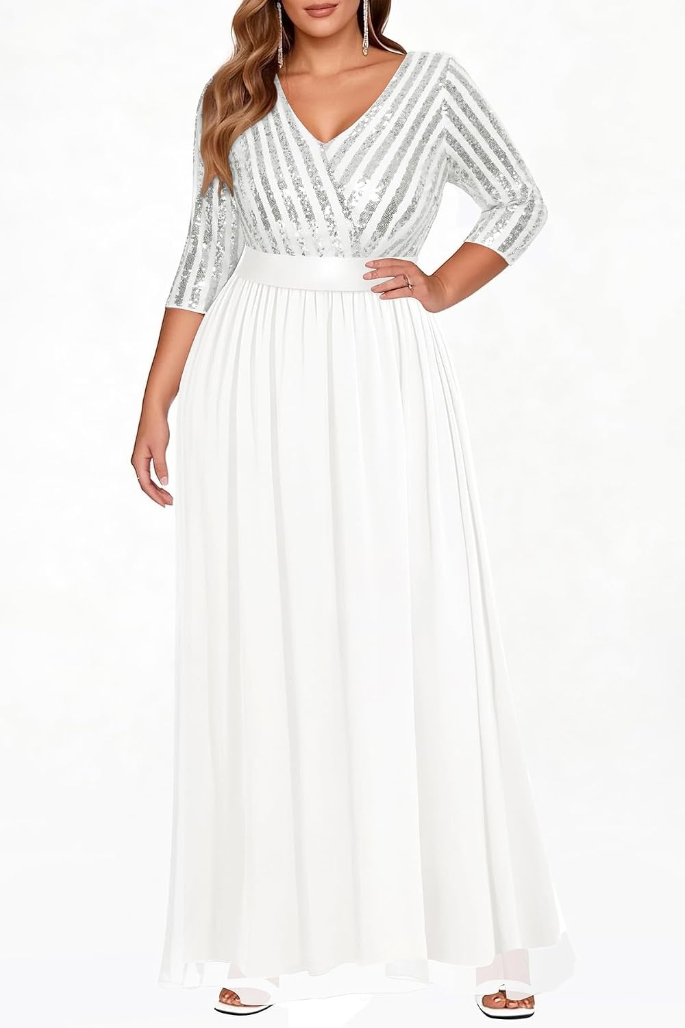 Plus Size Formal Dresses V Neck 3/4 Sleeve Sequin Prom Evening Maxi Dress | Sequin fabric, V neck 3/4 sleeve design, plus size formal prom wedding guest evening dress(White)
