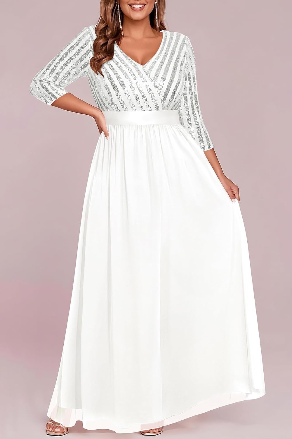 Plus Size Formal Dresses V Neck 3/4 Sleeve Sequin Prom Evening Maxi Dress | Sequin fabric, V neck 3/4 sleeve design, plus size formal prom wedding guest evening dress(White)