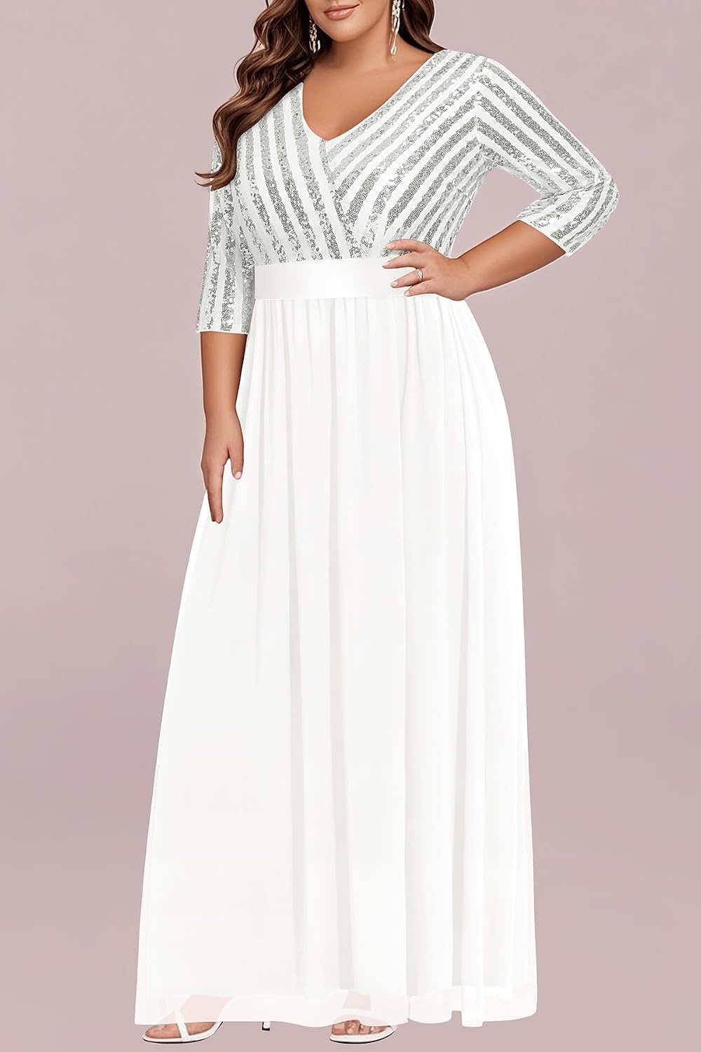 Plus Size Formal Dresses V Neck 3/4 Sleeve Sequin Prom Evening Maxi Dress | Sequin fabric, V neck 3/4 sleeve design, plus size formal prom wedding guest evening dress(White)