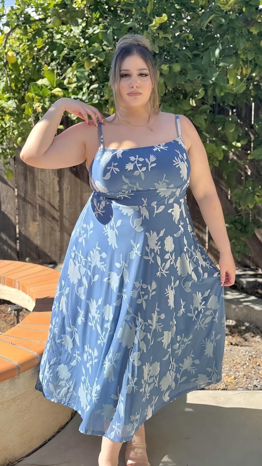 Plus Size Cocktail Dresses – Velvet Party Summer Formal Wedding Guest Sleeveless Spaghetti Strap Floral Midi Dress(Blue Floral)