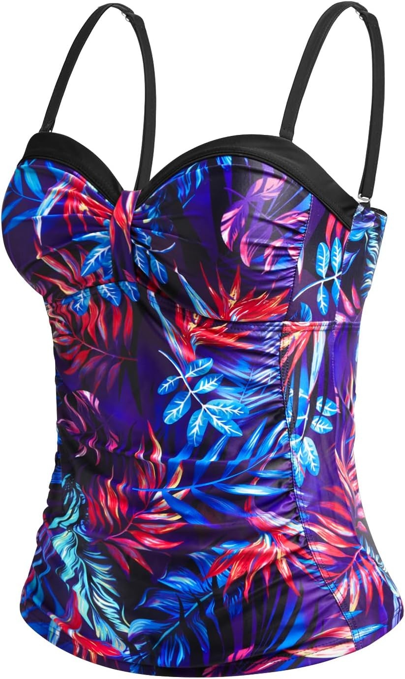 Women’s Underwire Tummy Control Swimsuit Top Push Up Bathing Suit Top(Purple Leaves)