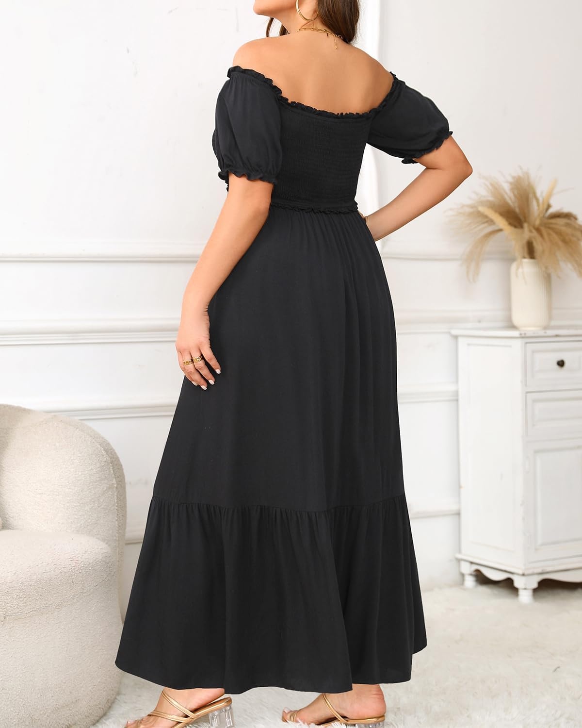 Plus Size Sun Dresses Women – Summer Off the Shoulder Puff Sleeve A Line Boho Maxi Flow Long Dress 2025(Black)