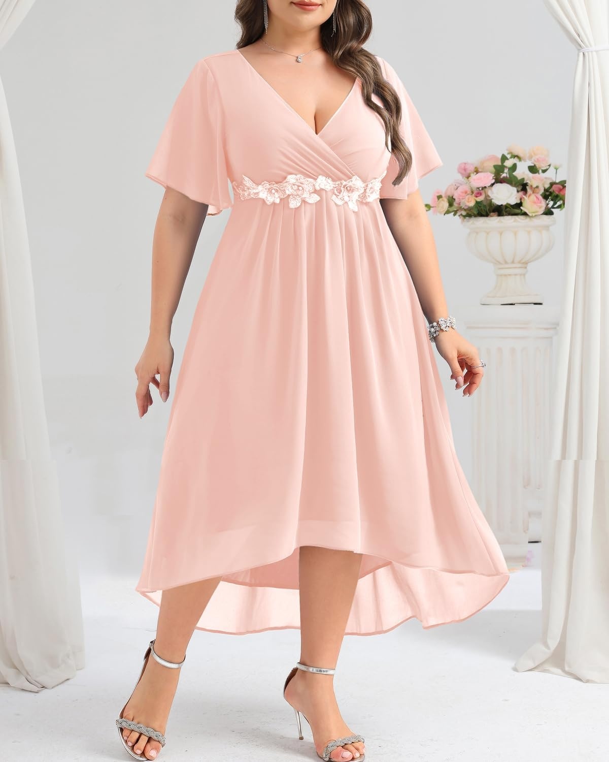 Plus Size Pink Dress Formal Wedding Guest Bridesmaid Mother of Bride Chiffon V Neck Short Sleeve High Low Dresses Women