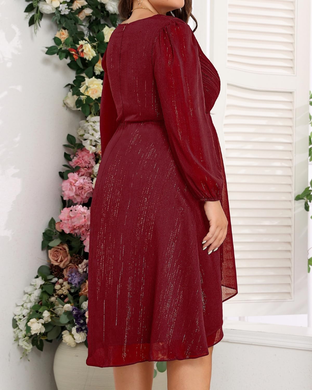 Talisea Plus Size Cocktail Dress – Formal Wedding Guest Fall Long Sleeve A Line Pleated V Neck Midi Dresses for Curvy Women(Burgundy)