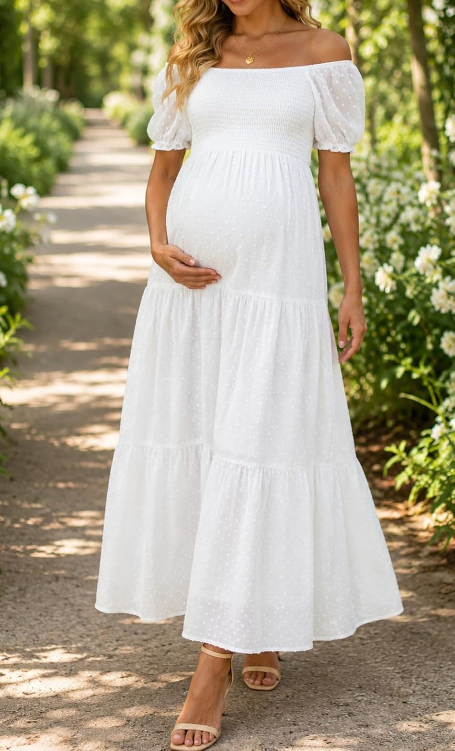 Women’s Off Shoulder Maternity Dress Swiss Dot Boho Baby Shower Dress | Swiss dot chiffon fabric,off shoulder boho design,maternity baby shower dress style(White)