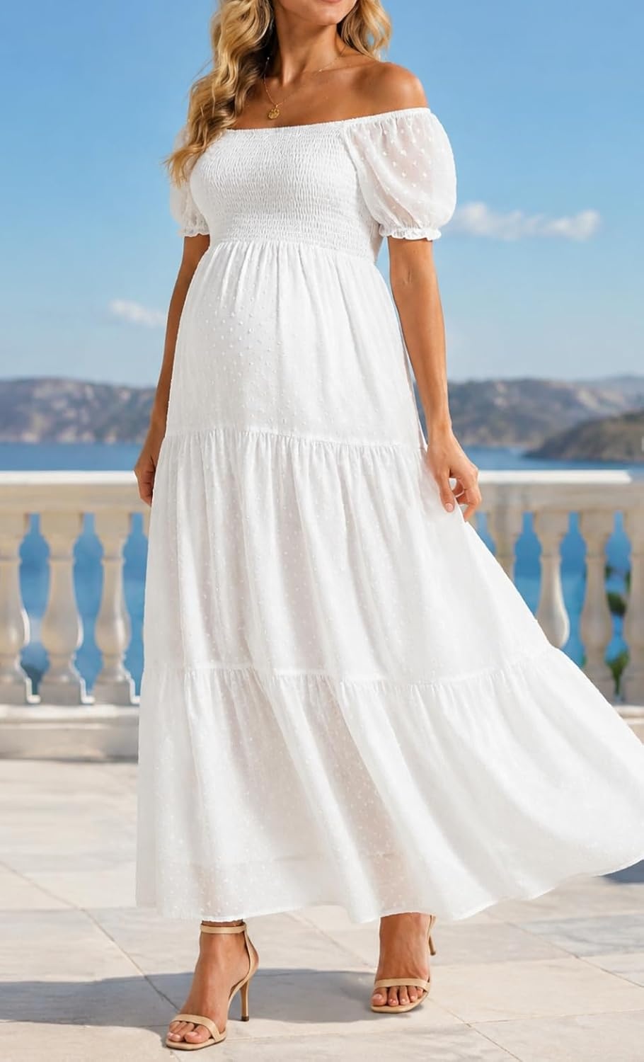 Women’s Off Shoulder Maternity Dress Swiss Dot Boho Baby Shower Dress | Swiss dot chiffon fabric,off shoulder boho design,maternity baby shower dress style(White)