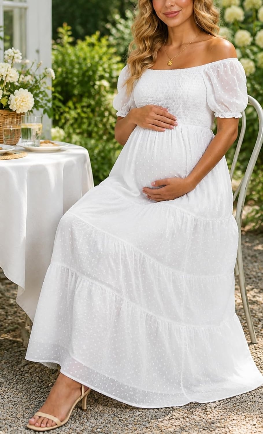 Women’s Off Shoulder Maternity Dress Swiss Dot Boho Baby Shower Dress | Swiss dot chiffon fabric,off shoulder boho design,maternity baby shower dress style(White)