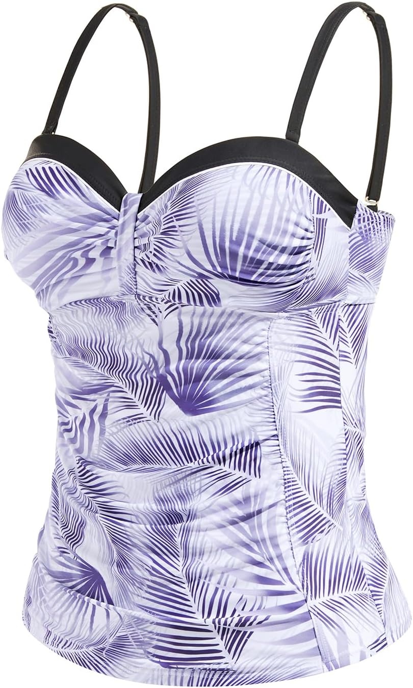 Women’s Underwire Tummy Control Swimsuit Top Push Up Bathing Suit Top(White Leaf)