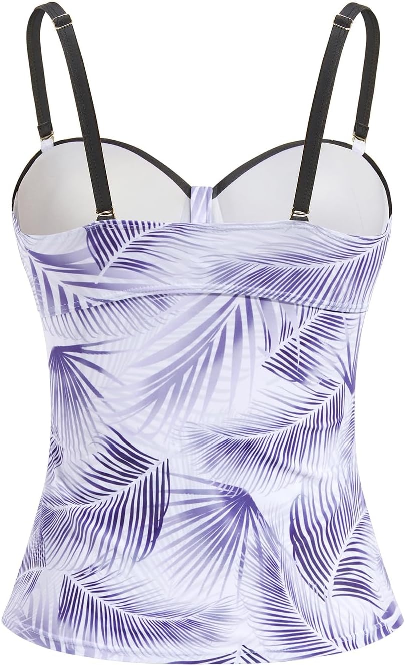 Women’s Underwire Tummy Control Swimsuit Top Push Up Bathing Suit Top(White Leaf)