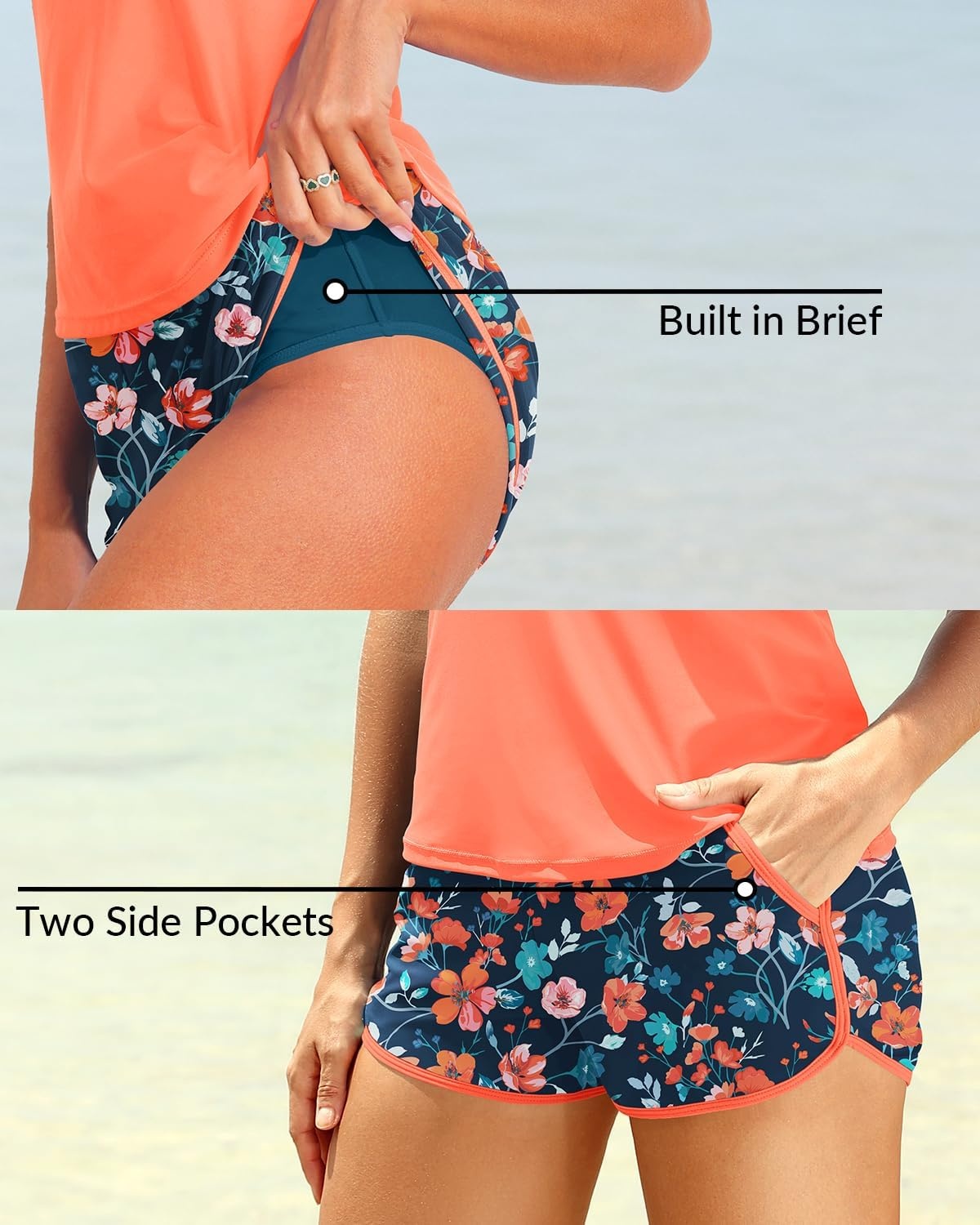Talisea Women 2 Piece Tankini Swimsuit with Pockets Boy Shorts Modest Bathing Suit Tummy Control Tank Top(Orange Flowers)