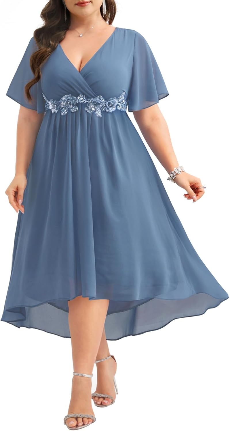 Dusty Blue Dress Wedding Guest Dresses Plus Size Formal Mother of Bride Bridesmaid Chiffon V Neck Sleeve High Low Women