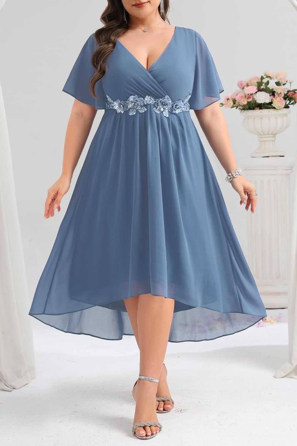 Dusty Blue Dress Wedding Guest Dresses Plus Size Formal Mother of Bride Bridesmaid Chiffon V Neck Sleeve High Low Women