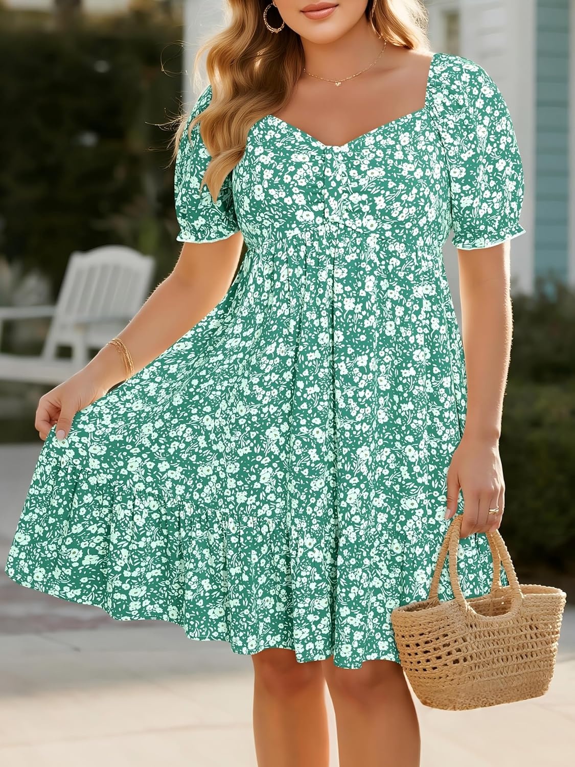 Talisea Women’s Plus Size Summer Dress – Sweetheart Neck Puff Sleeve Casual Sundress Graduation Teen Babydoll Short Dresses(Green Floral)