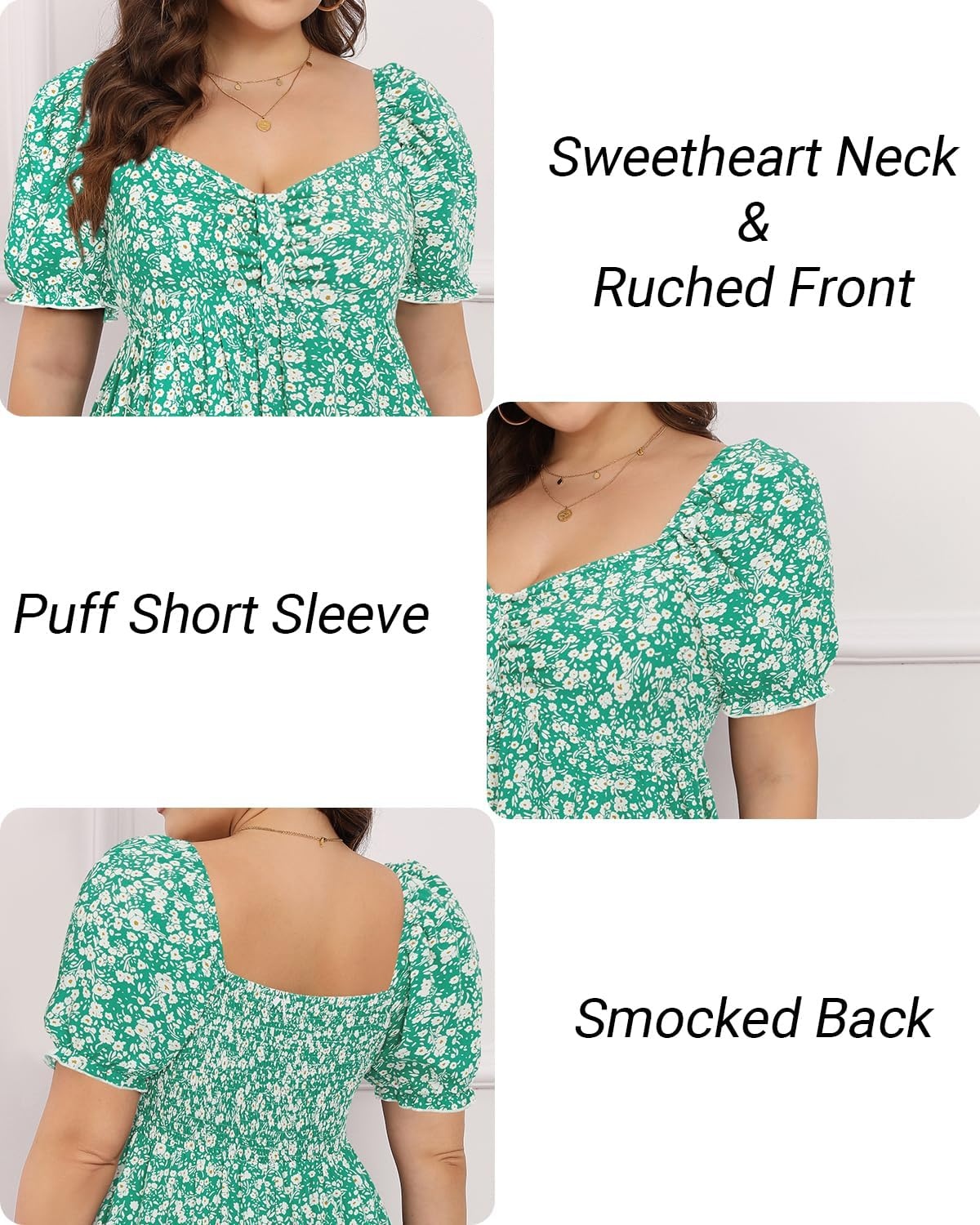 Talisea Women’s Plus Size Summer Dress – Sweetheart Neck Puff Sleeve Casual Sundress Graduation Teen Babydoll Short Dresses(Green Floral)