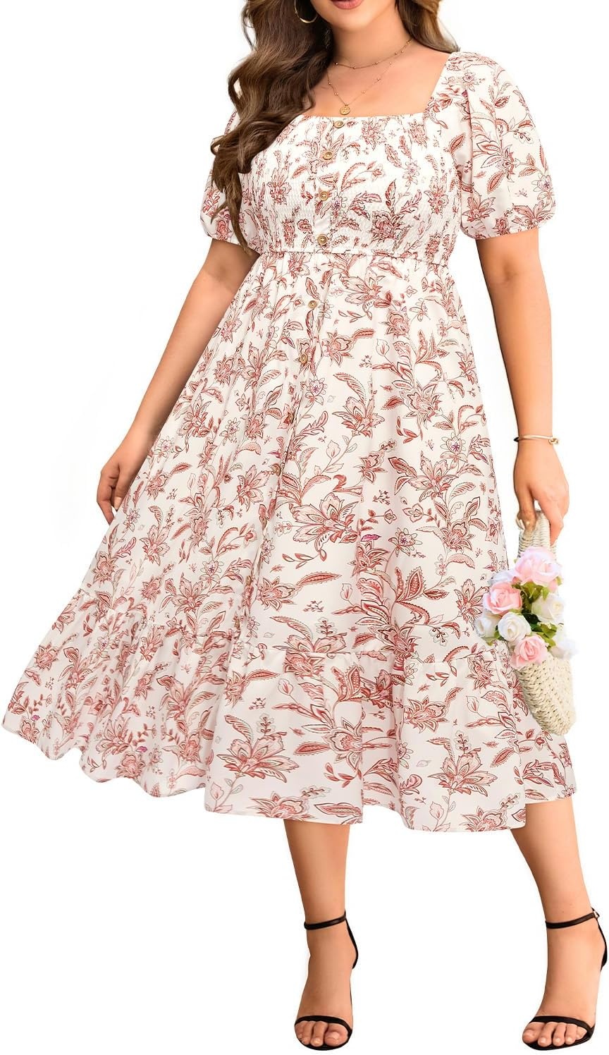 Plus Size Summer Dresses – Boho Casual Wedding Guest Midi Flowy Short Sleeves Smocked Button Down Dress for Curvy Women(Beige Floral)
