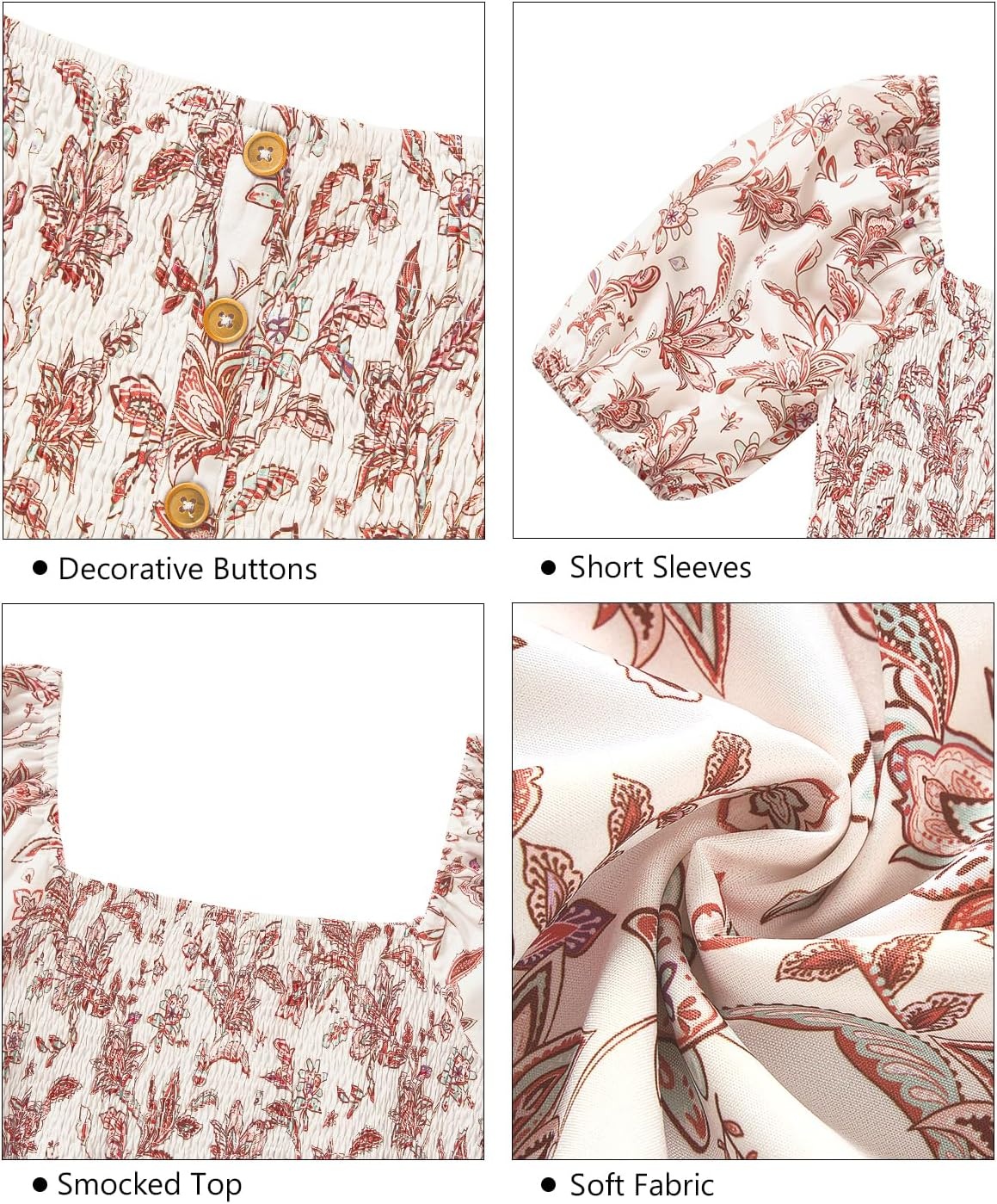 Plus Size Summer Dresses – Boho Casual Wedding Guest Midi Flowy Short Sleeves Smocked Button Down Dress for Curvy Women(Beige Floral)