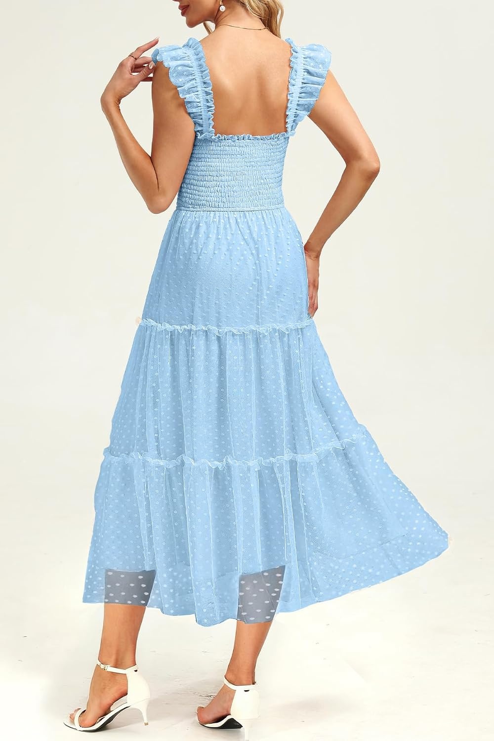 Women’s Wedding Guest Dress Dotted Tulle Smocked Summer Midi Sleeveless(Light Blue)
