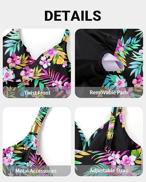 Womens Flowy Tankini Tops Only – Twist V Neck Swimsuit Bathing Suits(Colorful Floral)