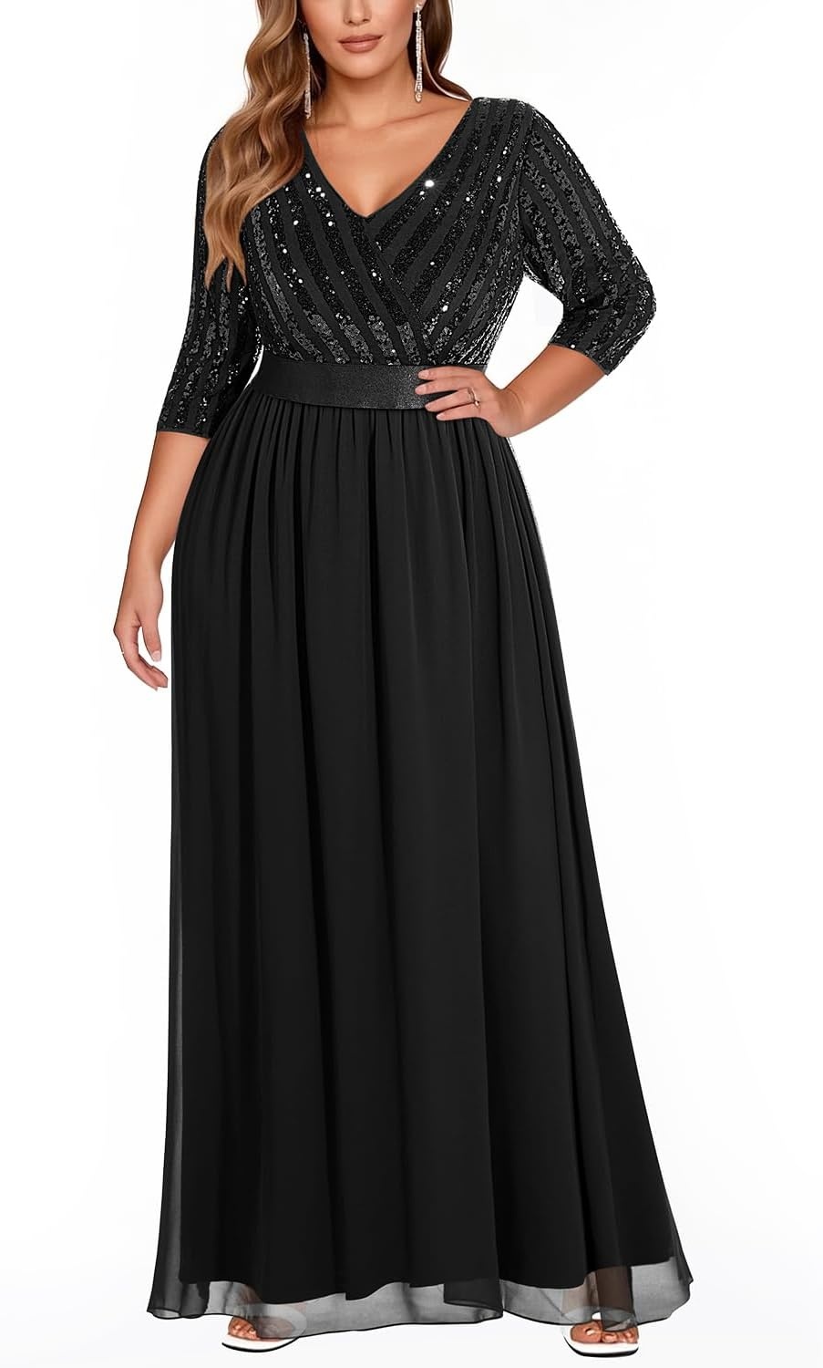 Plus Size Formal Dresses V Neck 3/4 Sleeve Sequin Prom Evening Maxi Dress(Black)
