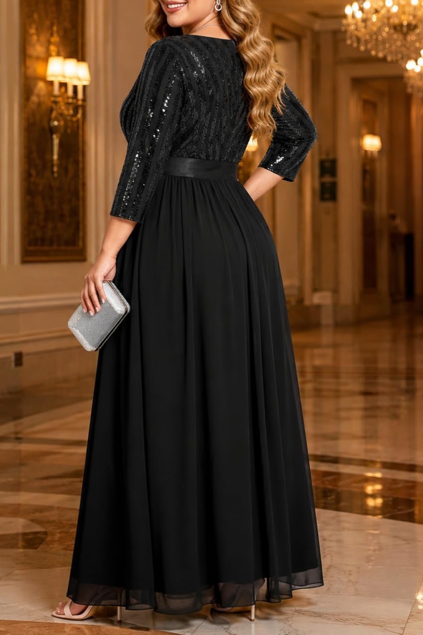 Plus Size Formal Dresses V Neck 3/4 Sleeve Sequin Prom Evening Maxi Dress(Black)