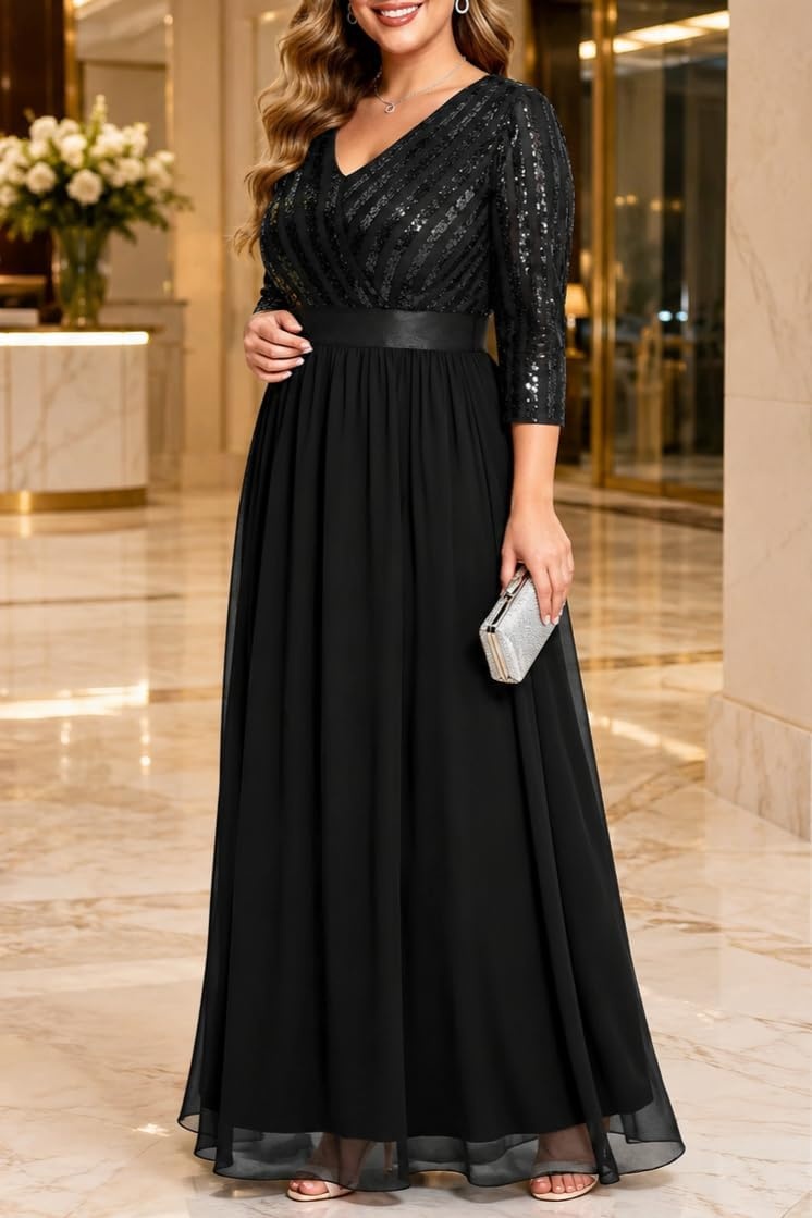 Plus Size Formal Dresses V Neck 3/4 Sleeve Sequin Prom Evening Maxi Dress(Black)