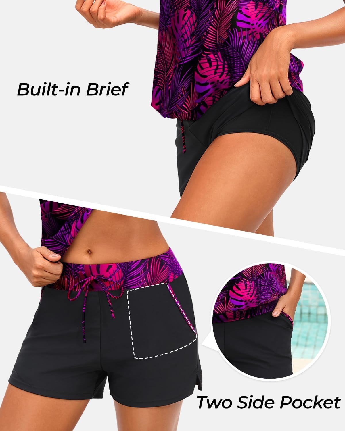 Talisea Womens Tankini Swimsuits with Shorts – 2 Piece Bathing Suits with Pocket Boyshorts Blouson Tummy Control Swimwear(Purple Leaves)