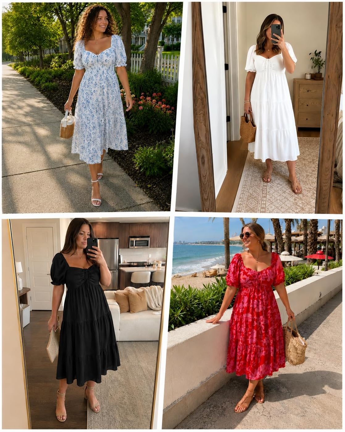 Talisea Plus Size Summer Dress – Casual A-line Flowy Midi Dress for Women | Casual A-line flowy dress, sweetheart neck with drawstring & puff sleeves, tiered midi style for summer, beach & graduation.(Black)