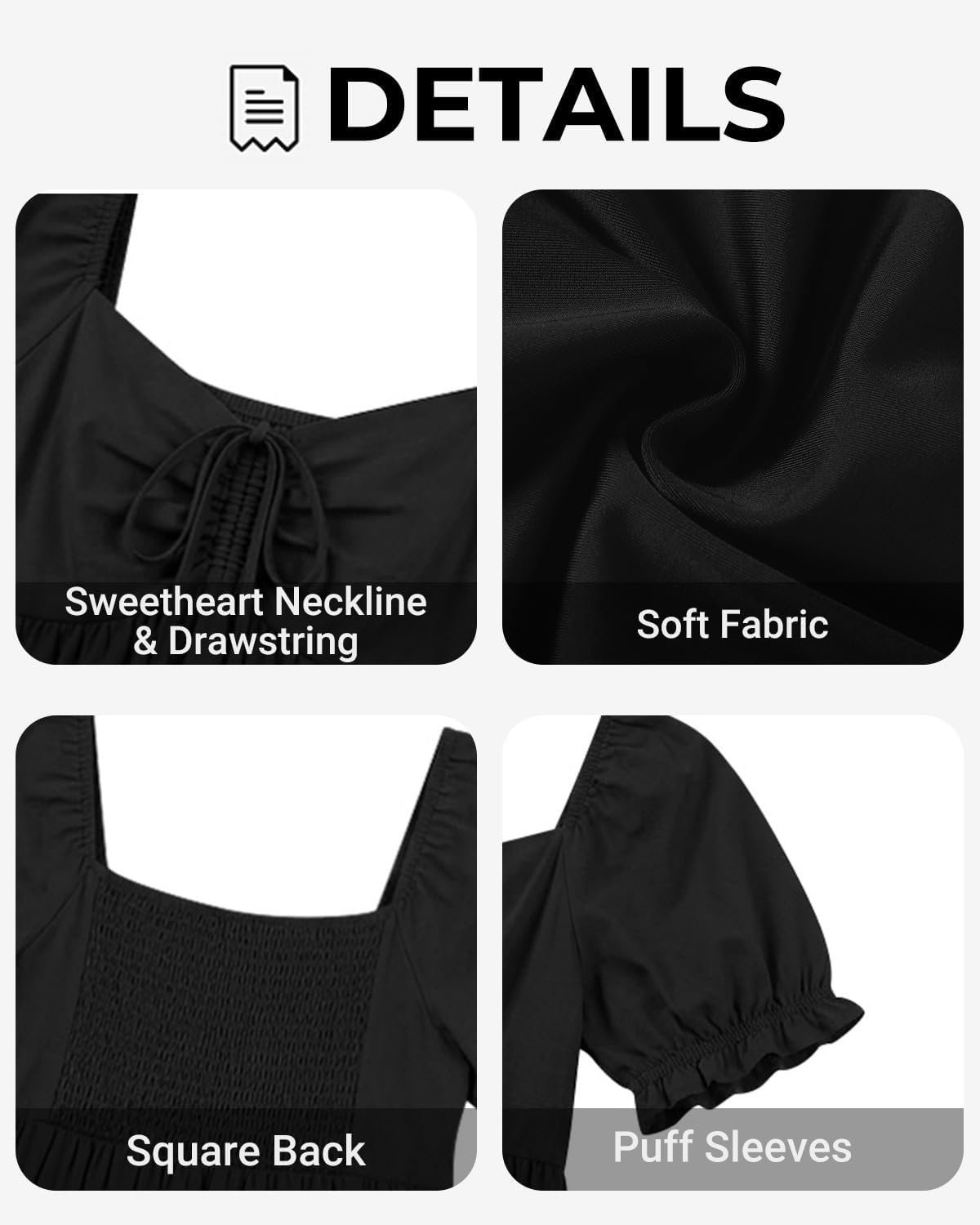 Talisea Plus Size Summer Dress – Casual A-line Flowy Midi Dress for Women | Casual A-line flowy dress, sweetheart neck with drawstring & puff sleeves, tiered midi style for summer, beach & graduation.(Black)