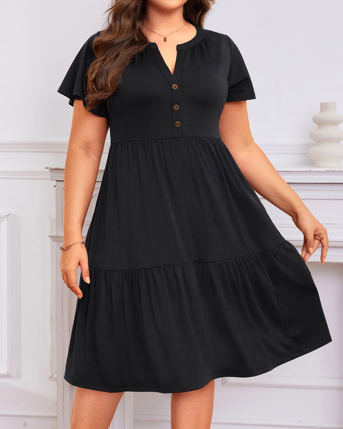 Plus Size Summer Dress Casual Boho Button Up Tiered Midi Sundress Women | Plus Size Summer Casual Dress Curvy Women Flowy Boho Beach Vacation Sundress Eyelet Short Sleeve V Neck Tiered Midi Dresses(Black)