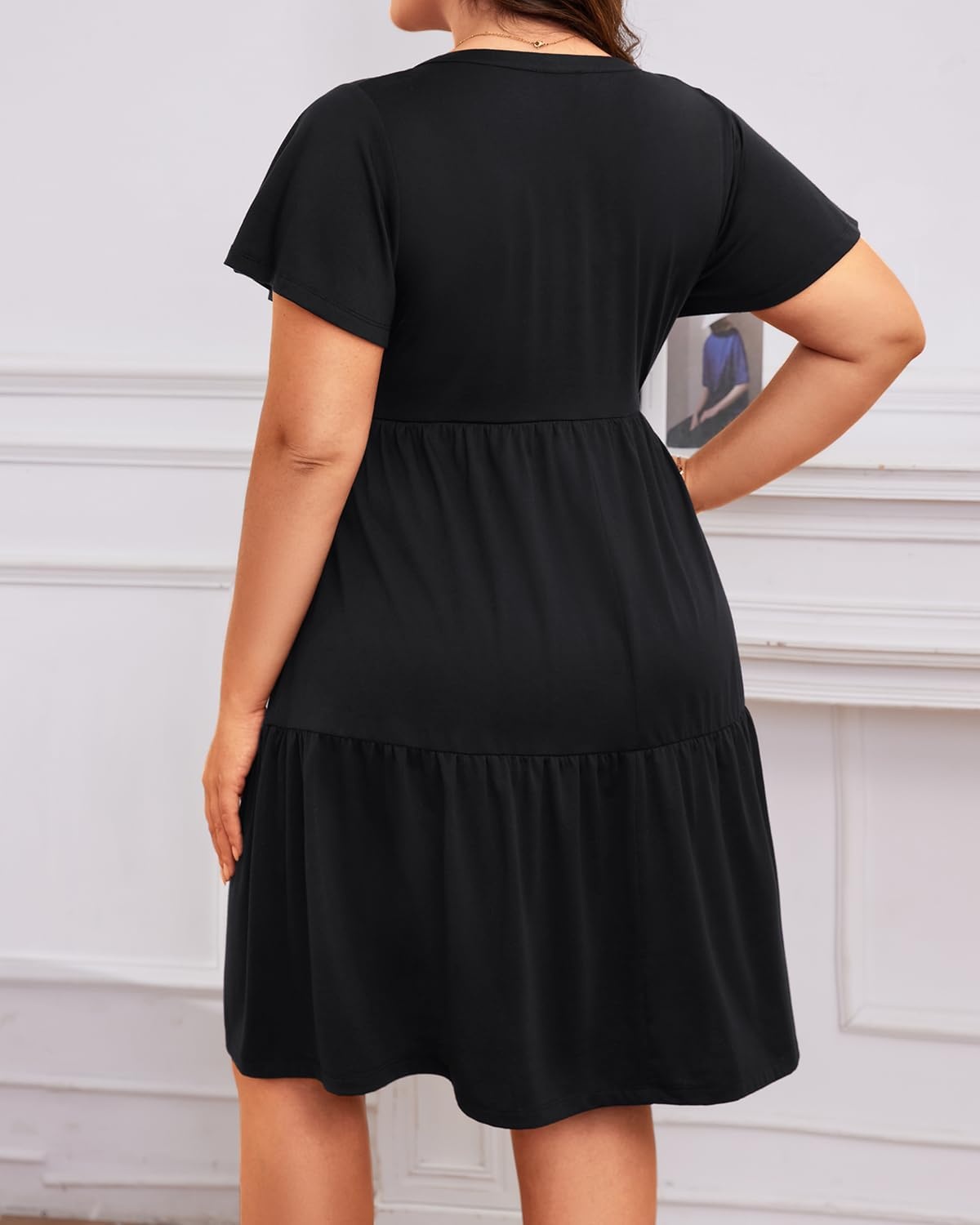 Plus Size Summer Dress Casual Boho Button Up Tiered Midi Sundress Women | Plus Size Summer Casual Dress Curvy Women Flowy Boho Beach Vacation Sundress Eyelet Short Sleeve V Neck Tiered Midi Dresses(Black)