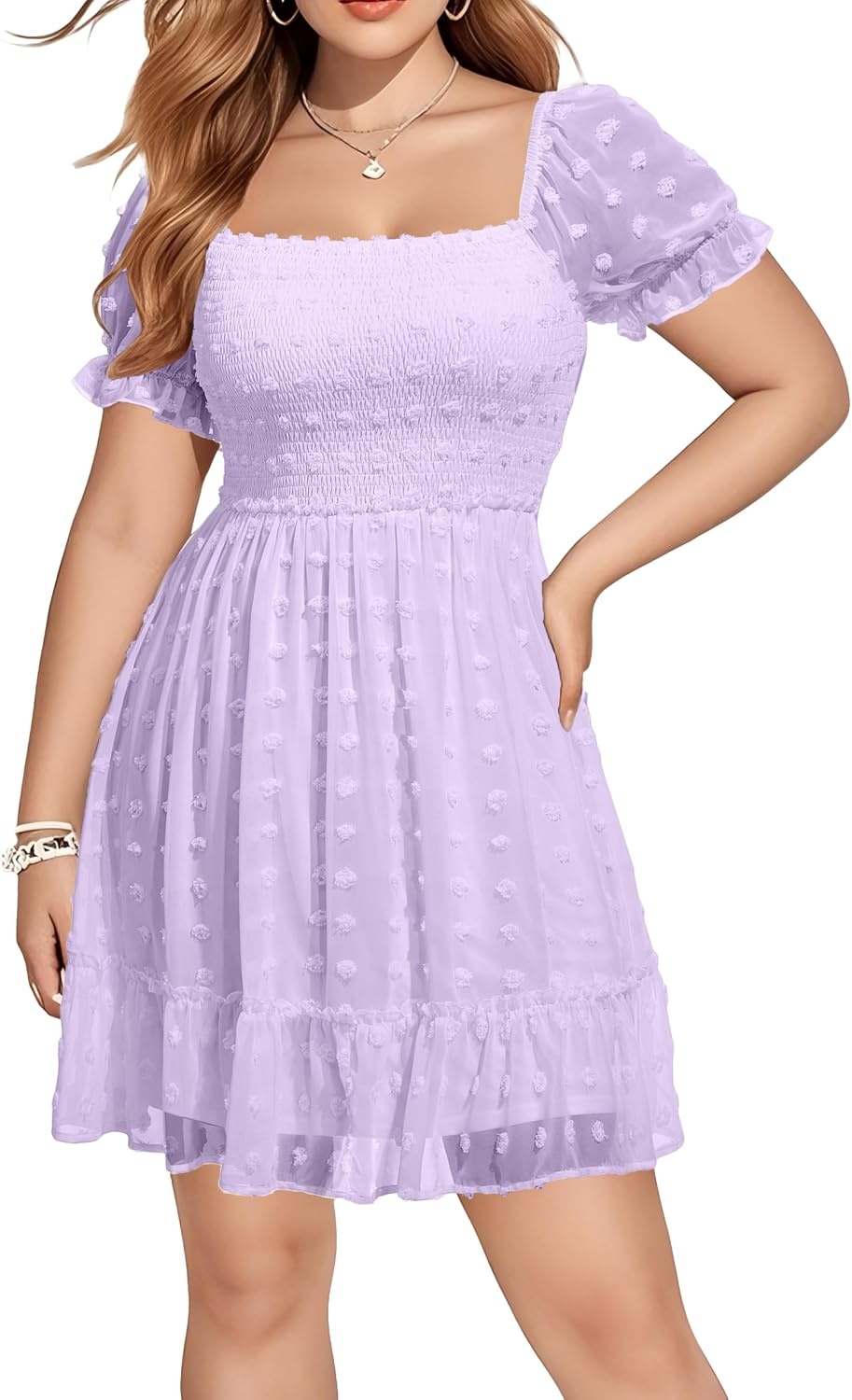 Plus Size Square Neck Puff Sleeve Swiss Dot Graduation Dress | Swiss dot chiffon / square neck / puff sleeves / smocked bodice / tiered ruffle hem / flowy short dress(Purple)