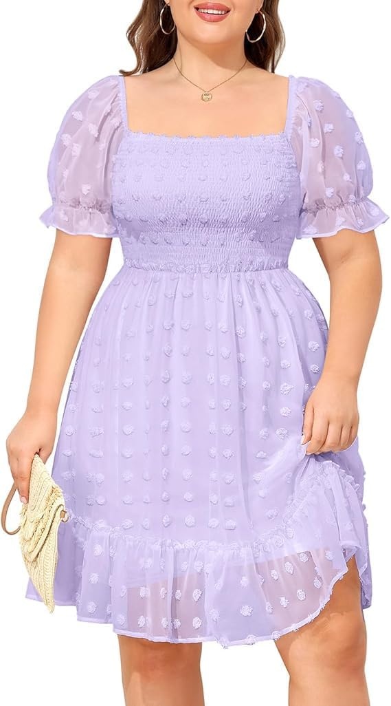 Plus Size Square Neck Puff Sleeve Swiss Dot Graduation Dress | Swiss dot chiffon / square neck / puff sleeves / smocked bodice / tiered ruffle hem / flowy short dress(Purple)