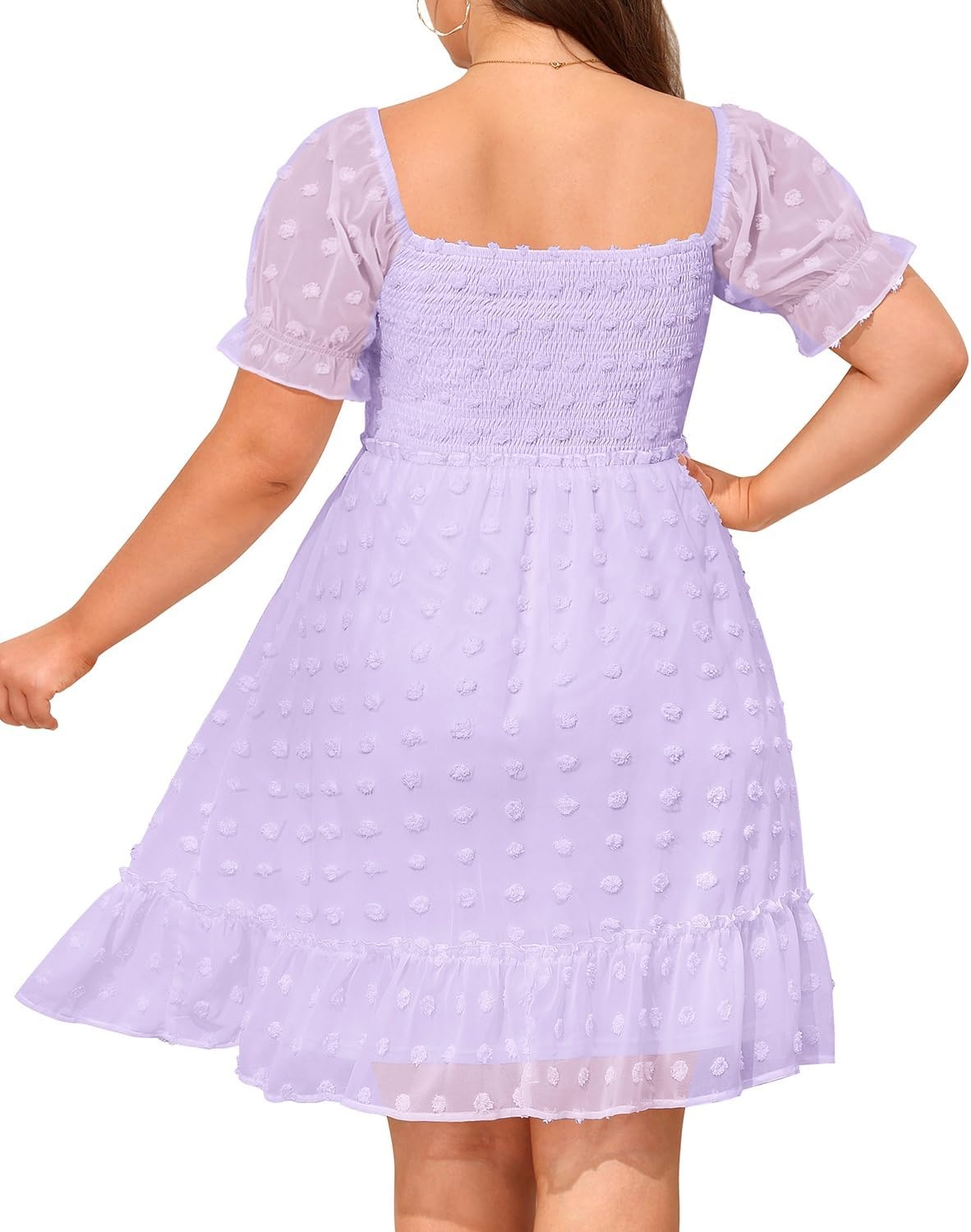 Plus Size Square Neck Puff Sleeve Swiss Dot Graduation Dress | Swiss dot chiffon / square neck / puff sleeves / smocked bodice / tiered ruffle hem / flowy short dress(Purple)
