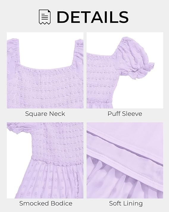 Plus Size Square Neck Puff Sleeve Swiss Dot Graduation Dress | Swiss dot chiffon / square neck / puff sleeves / smocked bodice / tiered ruffle hem / flowy short dress(Purple)