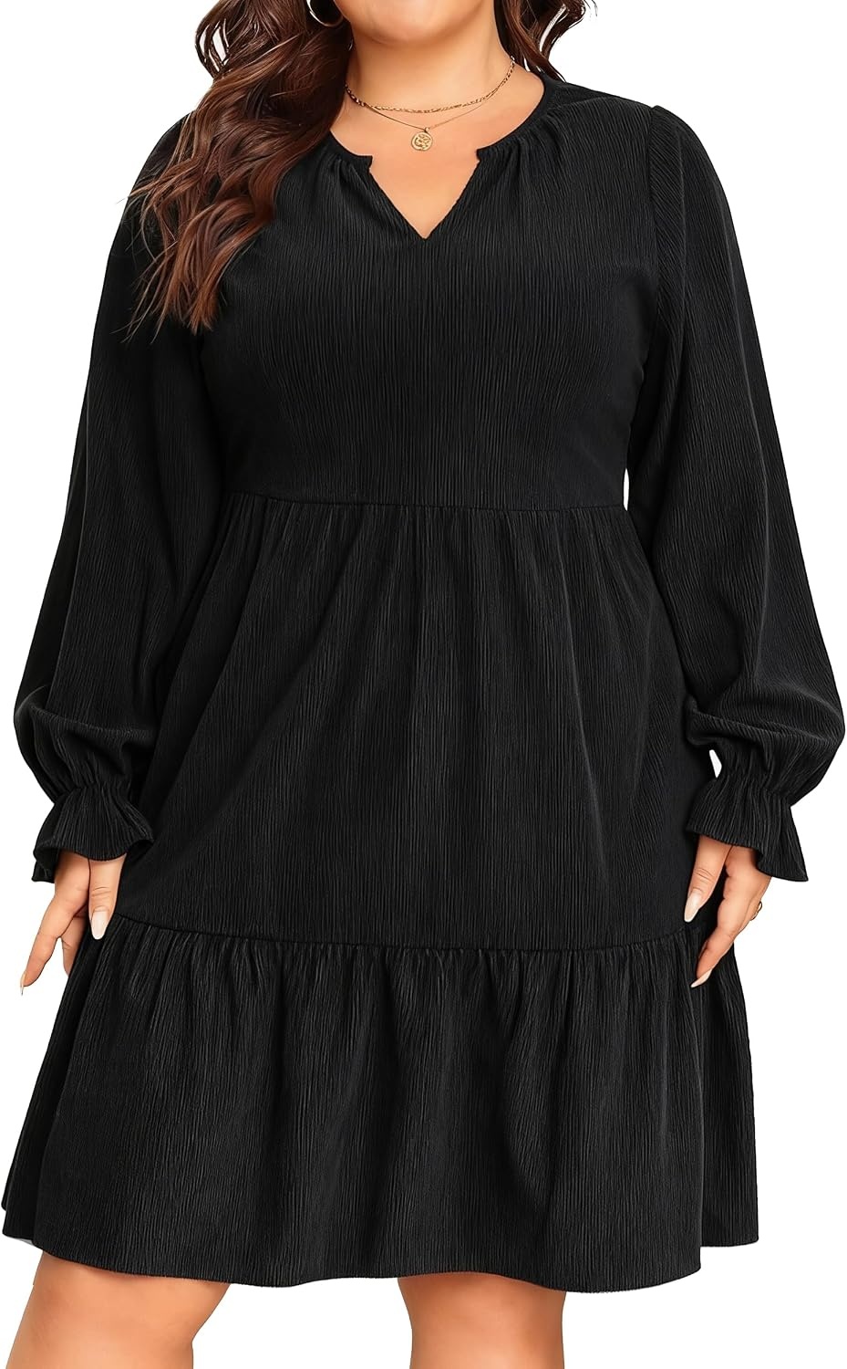 Talisea Plus Size Fall Dresses Casual Long Sleeve Corduroy Tunic V Neck Loose Flowy Ruffle A Line Tiered Short Babydoll Dress(Black)