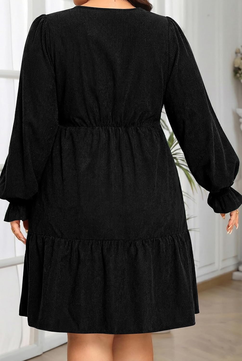 Talisea Plus Size Fall Dresses Casual Long Sleeve Corduroy Tunic V Neck Loose Flowy Ruffle A Line Tiered Short Babydoll Dress(Black)